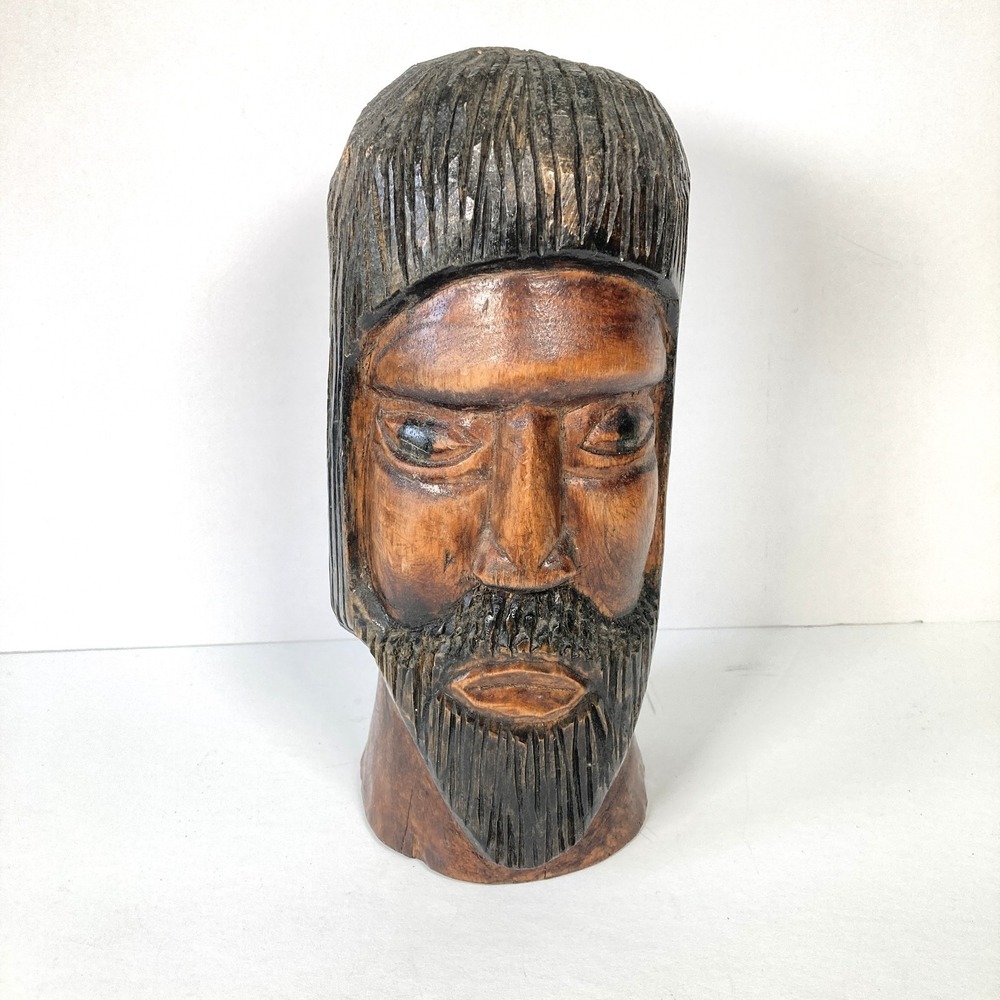 Hand Carved Jamaican Man Wooden Bust Statue Sculpture 9.5 x 3.75 Inches Folk Art